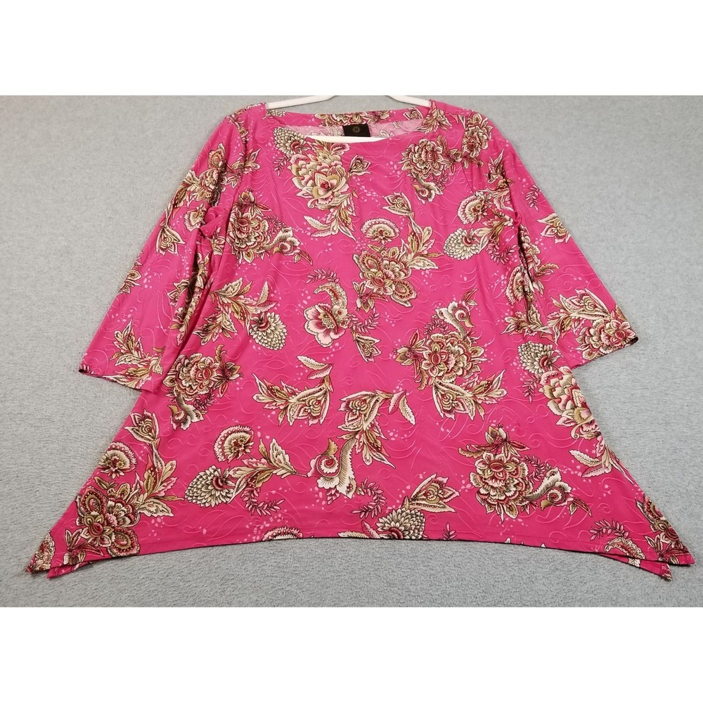 JM Collection Tunic Top Women L Large Pink Floral Swirls 3/4 Sleeve Stretch Slit
